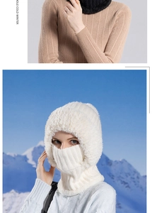 Détail de la cagoule en peluche blanche et du cache-cou en tricot noir pour l'hiver