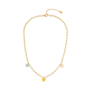 Gold Figaro chain necklace featuring three colorful butterfly enamel charms with S925 clasp