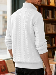 Detailed back view of white cable knit pullover with ribbed cuffs and stand collar