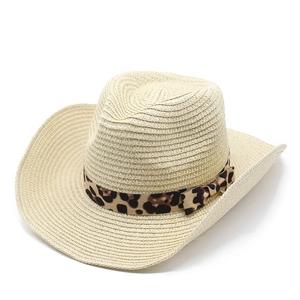 Detail of wide brim straw cowboy hat with leopard print ribbon and bow decoration