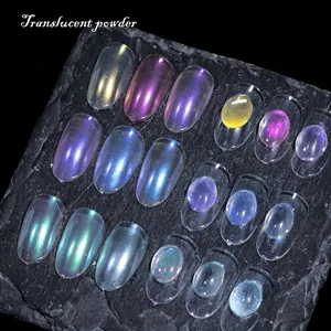 Poudre à ongles aurore translucide avec effets irisés sur fond de pierre noire
