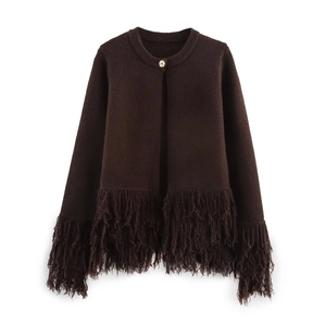 Women Solid Color Knit Cardigan Round Neck Metal Button Long Fringe Tassel Bohemian Long Sleeve Patchwork Knitwear Top