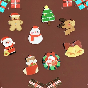 Cute Christmas acrylic brooch set featuring Santa, Reindeer and Tree on a red background