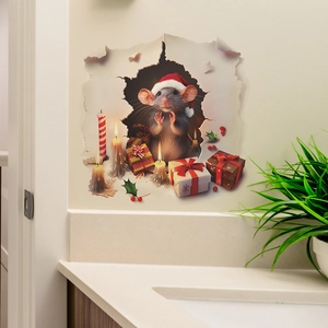 3D Christmas mouse peeking from wall hole with gift box and candle wall sticker