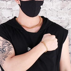Hip hop style gold plated titanium steel cuban link chain necklace and bracelet set