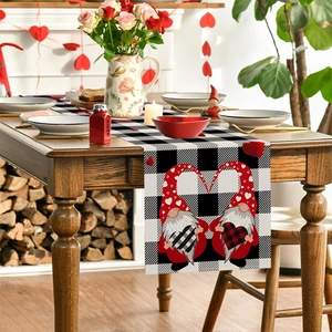 Valentine's Day buffalo plaid table runner with gnome and heart prints for home decoration
