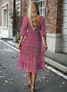 Back view of a red floral midi dress featuring a shirred bodice and puff sleeves