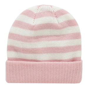 Detail of soft pink and white striped knit beanie with folded hem for children