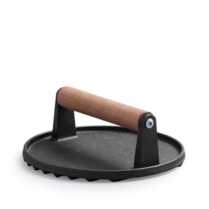 Presse à burger ronde en fonte avec manche en bois et fond rayé pour griller la viande