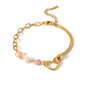 French style gold stainless steel bracelet with irregular pearls and heart pendant