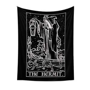 Bohemian black and white The Hermit tarot tapestry wall hanging for home decor