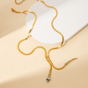 Collier chaîne serpent dorée avec pendentif tête de serpent aux yeux verts