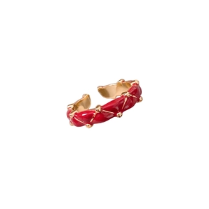 24K gold plated adjustable open ring with red enamel and vintage wrinkled texture
