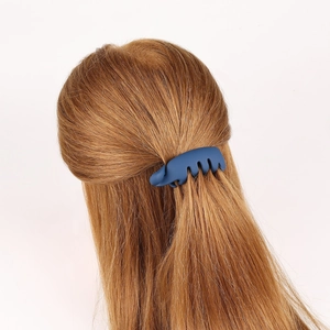 Blue matte banana clip hair claw for high ponytail styling on brunette long hair