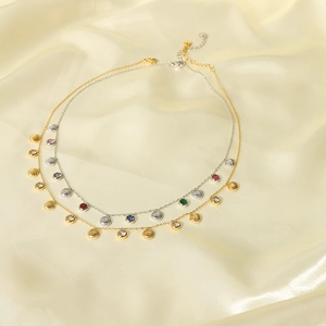 Gold and silver stainless steel necklaces with shell pendants and colorful zircons
