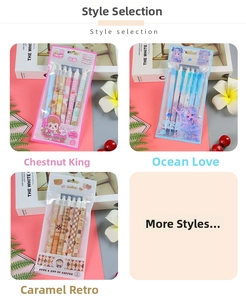 Detailed view of retractable erasable gel pen sets in three creative themed packaging bags