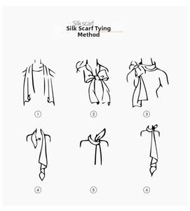 Illustration showing six different ways to style and tie a long floral skinny silk scarf