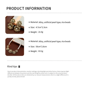Size and material details for vintage flower jewelry set with pearls and rice beads