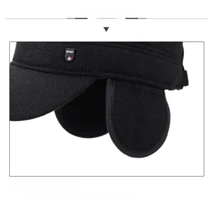 Detailed close-up of winter hat ear flaps with sport badge and windproof knit texture