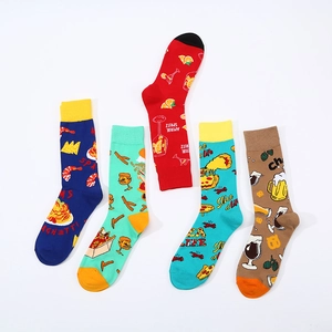 5-pack colorful mid-calf crew socks with fun food patterns like pizza and spaghetti