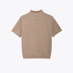 Detail view of khaki knit short sleeve sweater with rolled edges and mock neck design