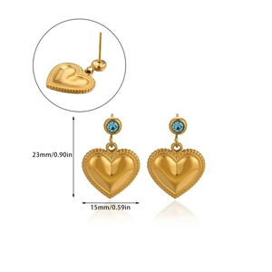 Detailed view of gold heart drop earrings with blue zircon and size dimensions