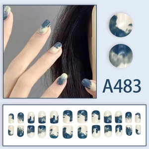 Blue and white cloud marble press-on nails set A483 with realistic art painting effect