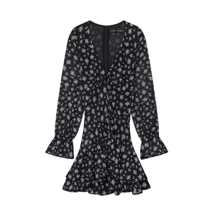 Bloemen Mini Jurk Dames Chiffon Lange Mouwen V-Hals Ruches Zoom Gelaagde Rok Elegant Zomer