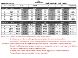 Detailed size chart for Y2K bodycon dress featuring measurements for S to XL sizes