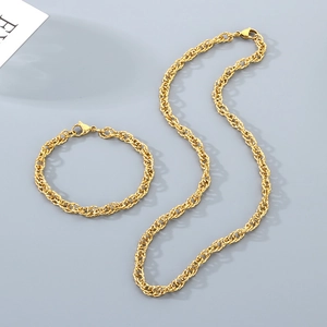 Polished gold rope chain necklace and bracelet set with lobster clasp for unisex style