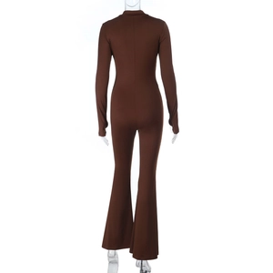 Rear view detail of a dark brown long sleeve flare leg catsuit with slim fit design