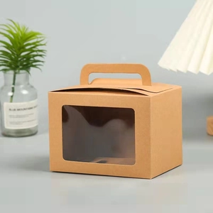 Kraft paper cake gift box with handle and clear window for bakery packaging