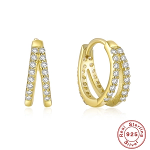 Elegant 925 sterling silver V-shape hoop earrings with double row zircon stones