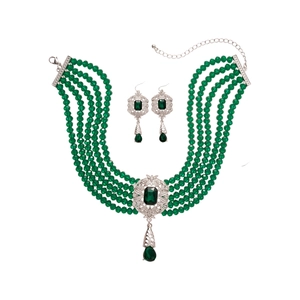 Vintage emerald green teardrop necklace set with five-layer beaded design and earrings