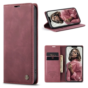 Detail of wine red wallet flip case showing card slots, cash pocket, and kickstand feature