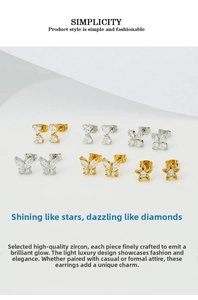 Macro shot of 18k gold plated stainless steel clover earrings with zircon inlay detail