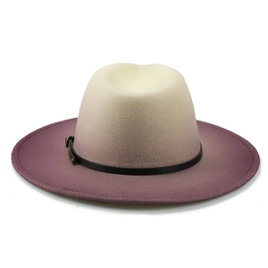 Two-tone gradient wool felt fedora hat with wide brim and black leather belt accent