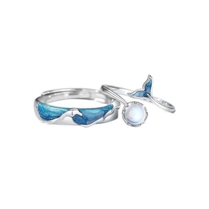 S925 silver couple rings set featuring blue wave enamel and whale tail moonstone designs