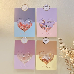 Four 3D heart-shaped cutout greeting cards featuring floral and landscape oil paintings