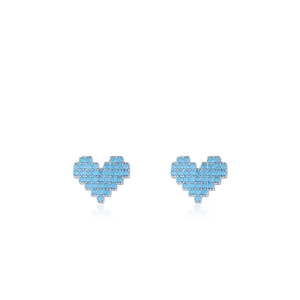 Retro S925 sterling silver pixel heart stud earrings with blue turquoise inlay