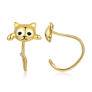 Cute 925 sterling silver cat stud earrings set with gold plating for women