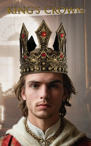 Close-up of vintage gold king crown with red gemstones and baroque relief details