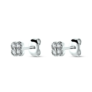 Detailed view of silver petal stud earrings with four sparkling zircon stones in a cluster