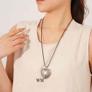 Vintage Carved Heart Pendant Necklace Alloy Copper With Black Wax Rope Cord Retro Boho Minimalist Jewelry For Women
