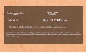 Detailed size specifications for 125x105mm PU leather coin purse with multi-purpose storage