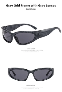 Detail view of steampunk sports sunglasses with grey carbon fiber texture frame and lenses