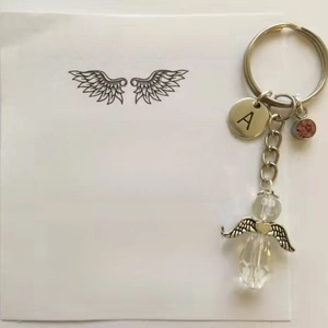 Silver angel keychain with crystal wing, letter A charm and gift card for friendship