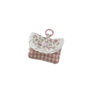 Pink plaid lace earbuds case with floral pattern and portable hook for storage