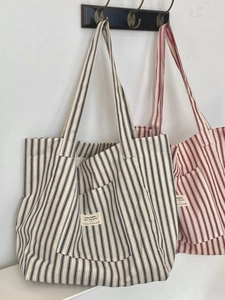 Striped Canvas Tote Bag Large Capacity Shoulder Bag French Style Casual Shopping Commuting Handbag For Women With Pocket