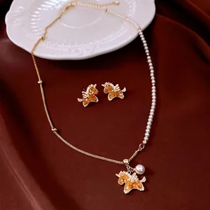 Pegasus Unicorn Pendant Necklace And Earrings Jewelry With Cubic Zirconia Imitation Artificial Pearl Silver Earring Post